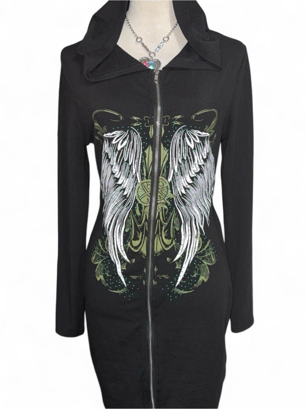 Black Hooded Zip Dress with White Wing Graphic Y2K